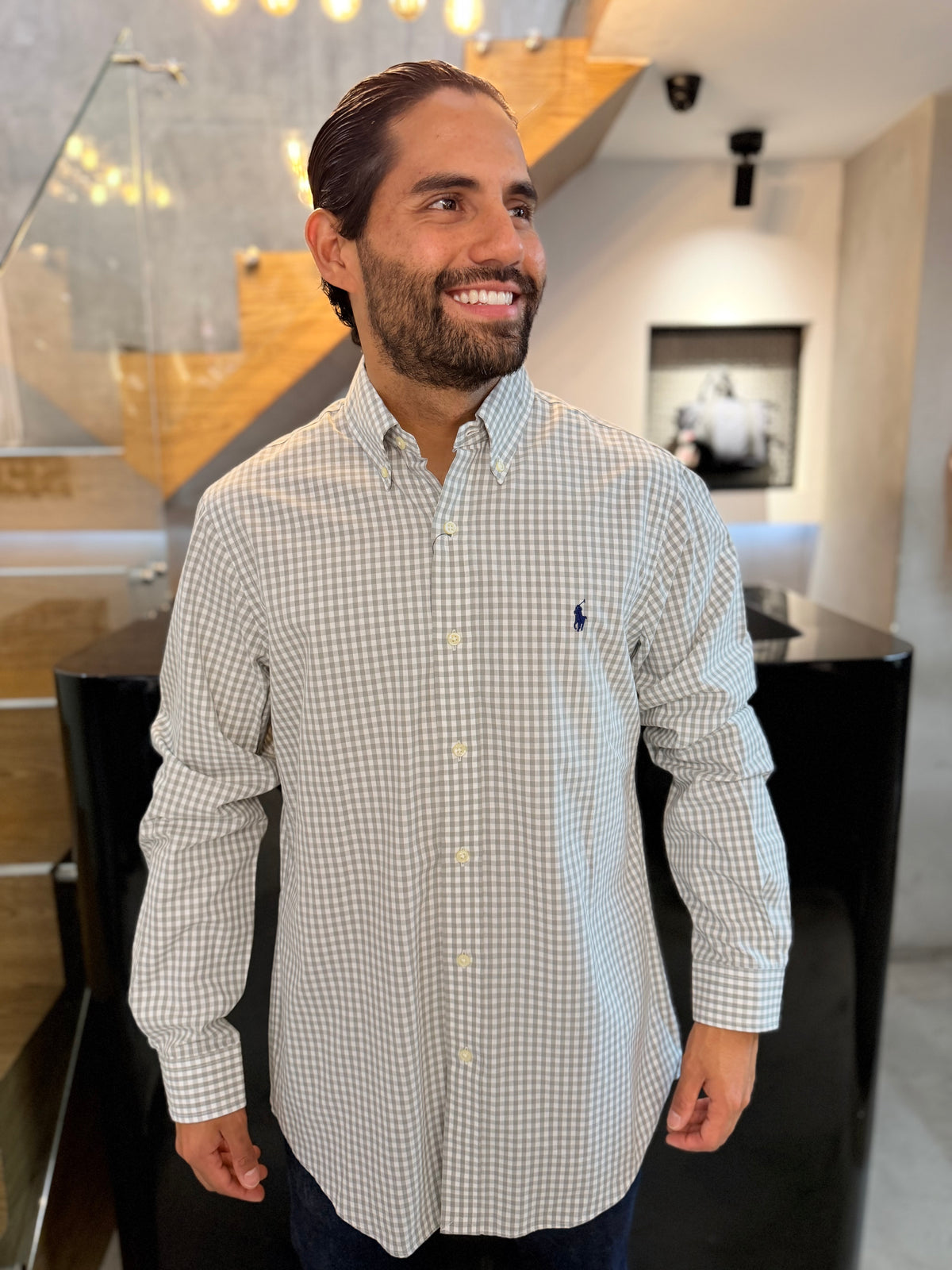 Camisa Polo R.L hombre Algodón Cuadros Grises Con Blanco Caballo Azul