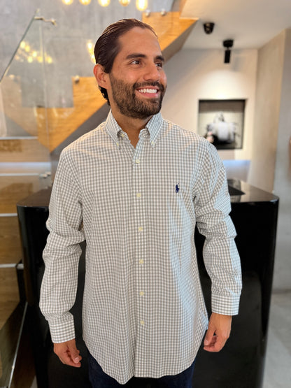 Camisa Polo R.L hombre Algodón Cuadros Grises Con Blanco Caballo Azul
