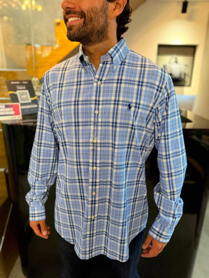Camisa Polo R.L hombre Algodón Performance Cuadros Celestes Con Blanco Caballo Azul