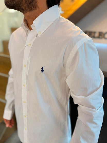 Camisa Polo R.L hombre Algodón Slim Fit Blanca Caballo Azul