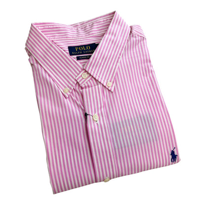 Camisa Polo R.L hombre Algodón Blanca Rayas Rosadas Caballo Azul