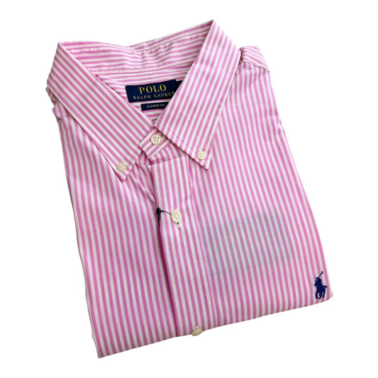 Camisa Polo R.L hombre Algodón Blanca Rayas Rosadas Caballo Azul