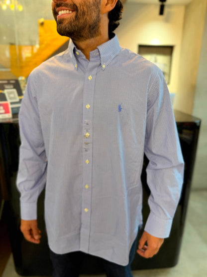 Camisa Polo R.L hombre Algodón Cuadros Morados Con Blanco Caballo Celeste
