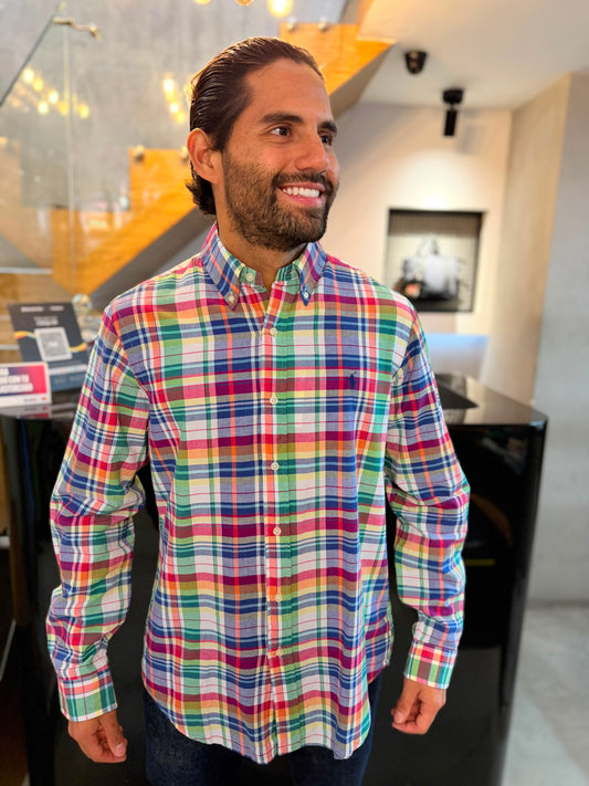 Camisa Polo R.L hombre Lino Cuadros Colores Caballo Azul