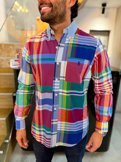 Camisa Polo R.L hombre Oxford Cuadros Colores Caballo Azul