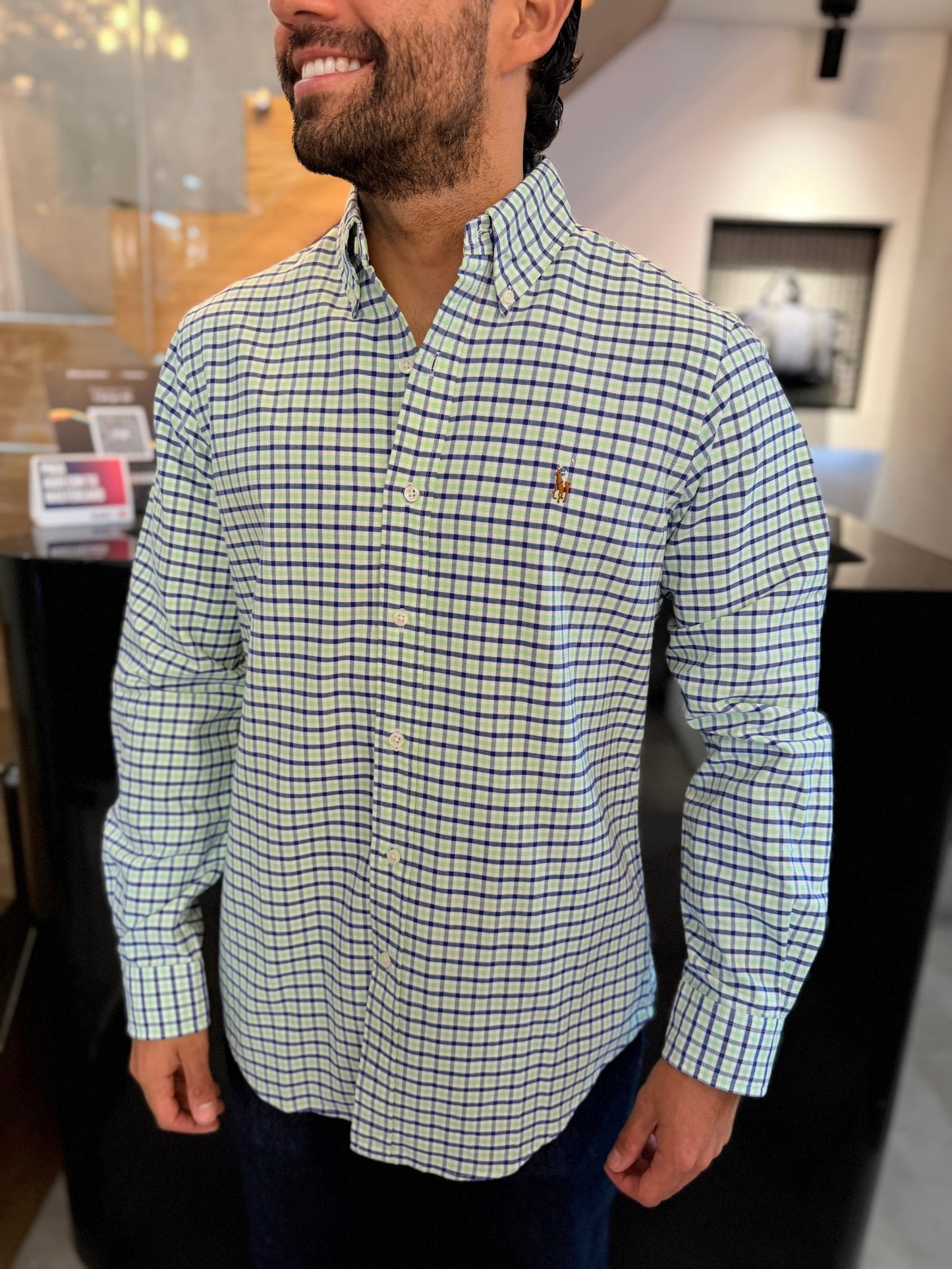 Camisa Polo R.L hombre Oxford  Cuadros Verdes Con Azul Caballo Multicolor