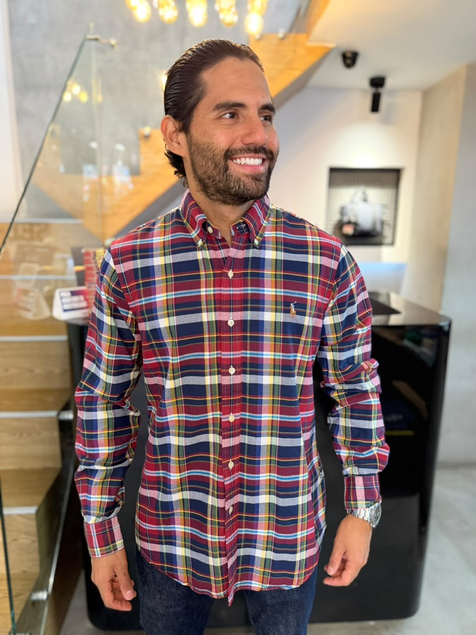 Camisa Polo R.L hombre Oxford Cuadros Rojos Con Azul Caballo Multicolor