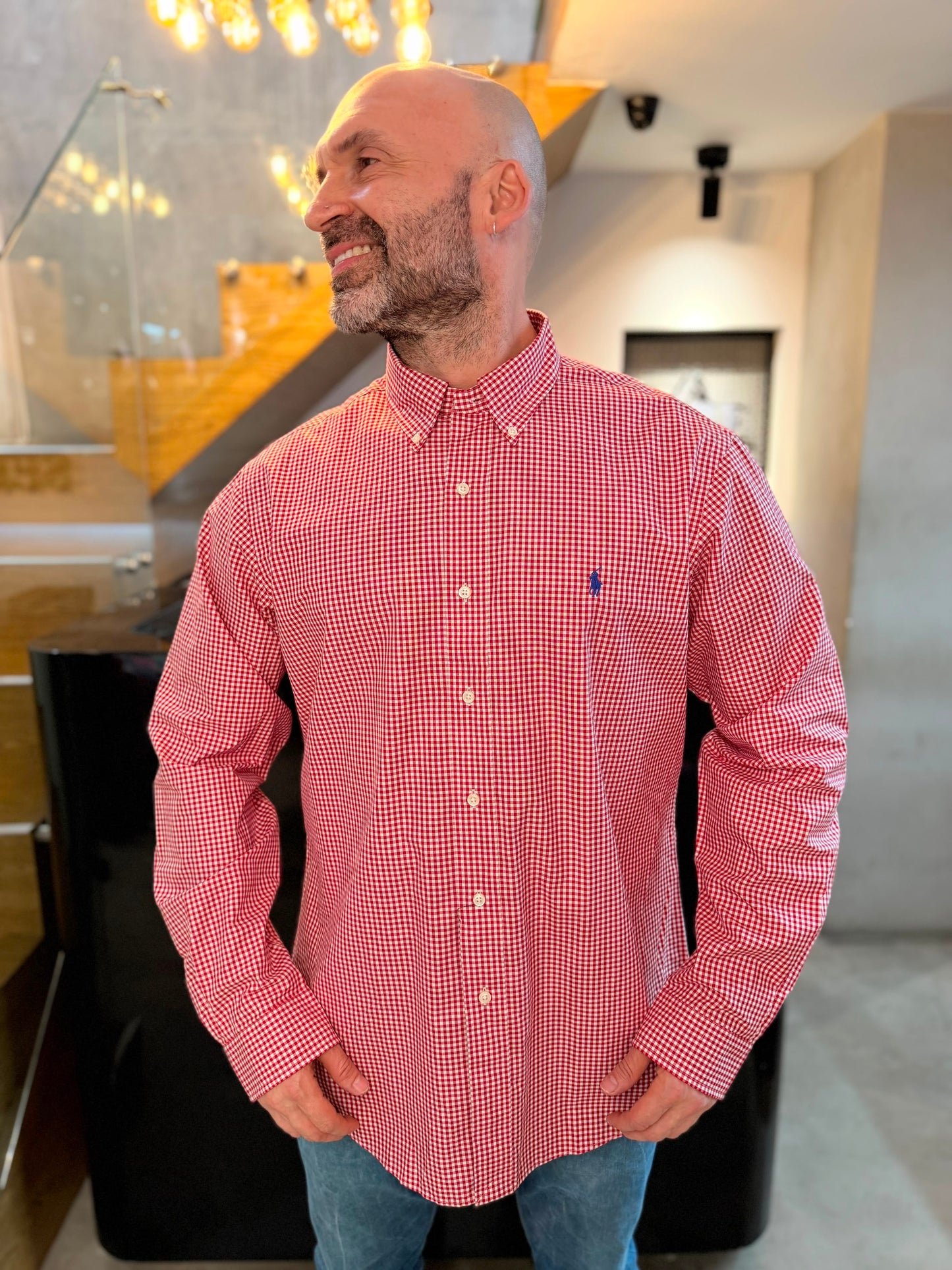 Camisa Polo R.L hombre Algodón Custom Fit Cuadros Rojos Con Blanco Caballo Azul