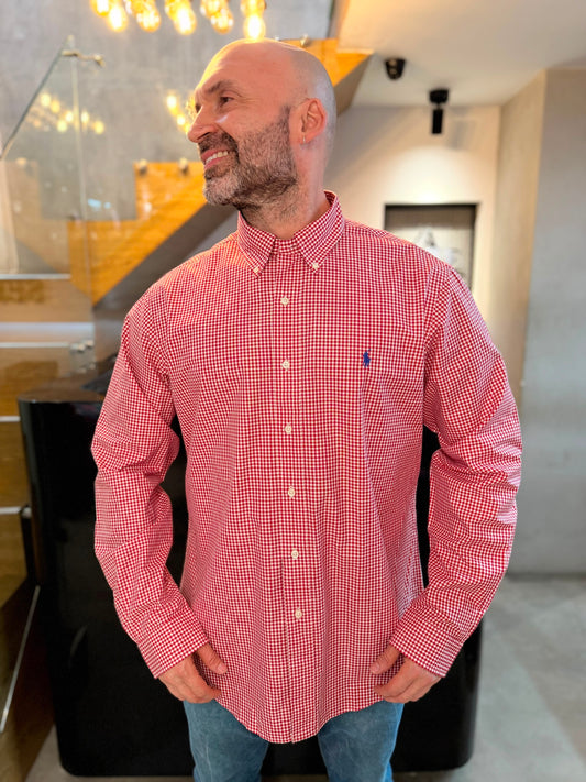 Camisa Polo R.L hombre Algodón Custom Fit Cuadros Rojos Con Blanco Caballo Azul