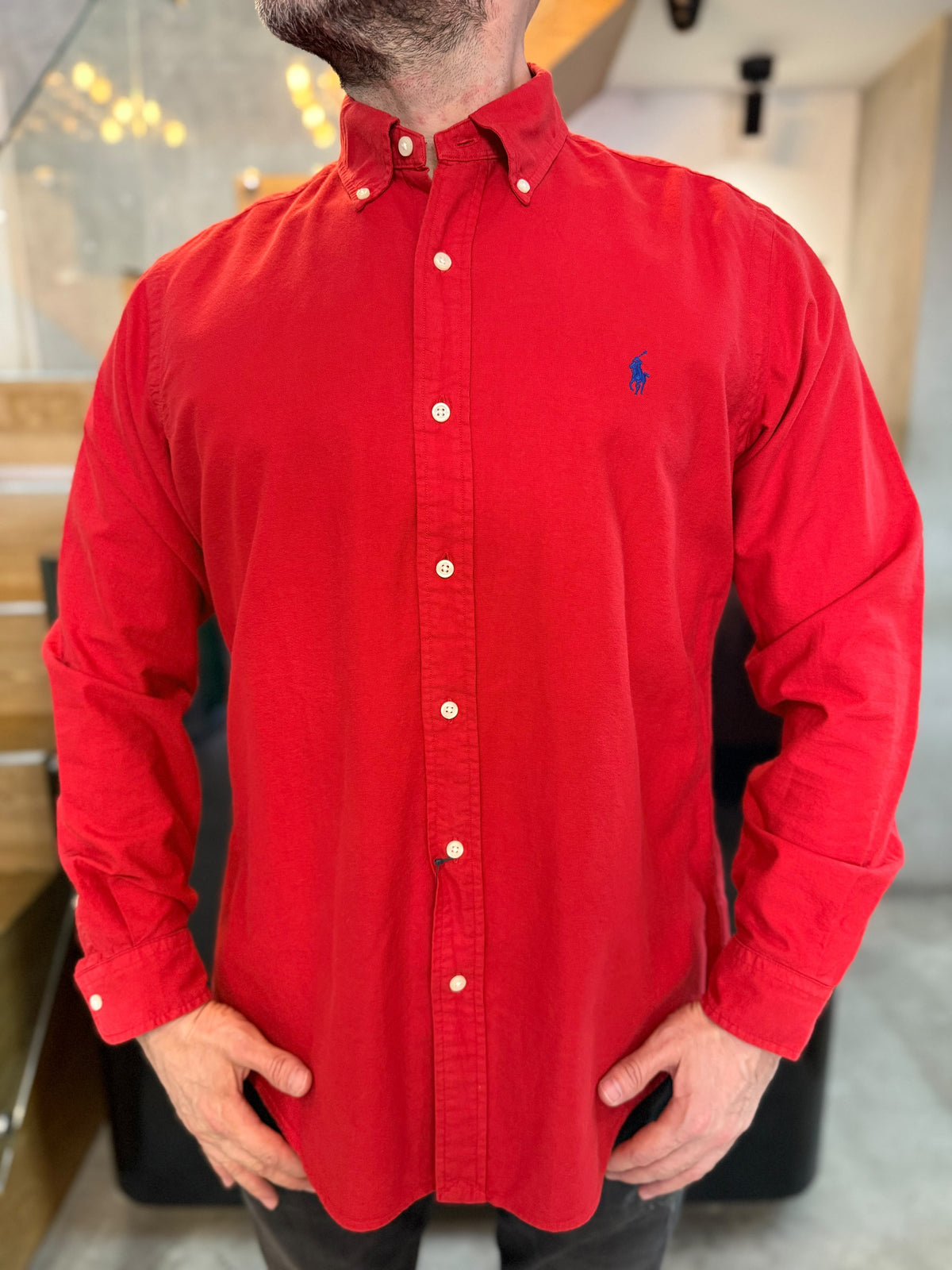 Camisa Polo R.L hombre Oxford Roja Caballo Azul
