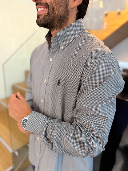 Camisa Polo R.L hombre Algodón Cuadros Negros Con Blanco Caballo Azul
