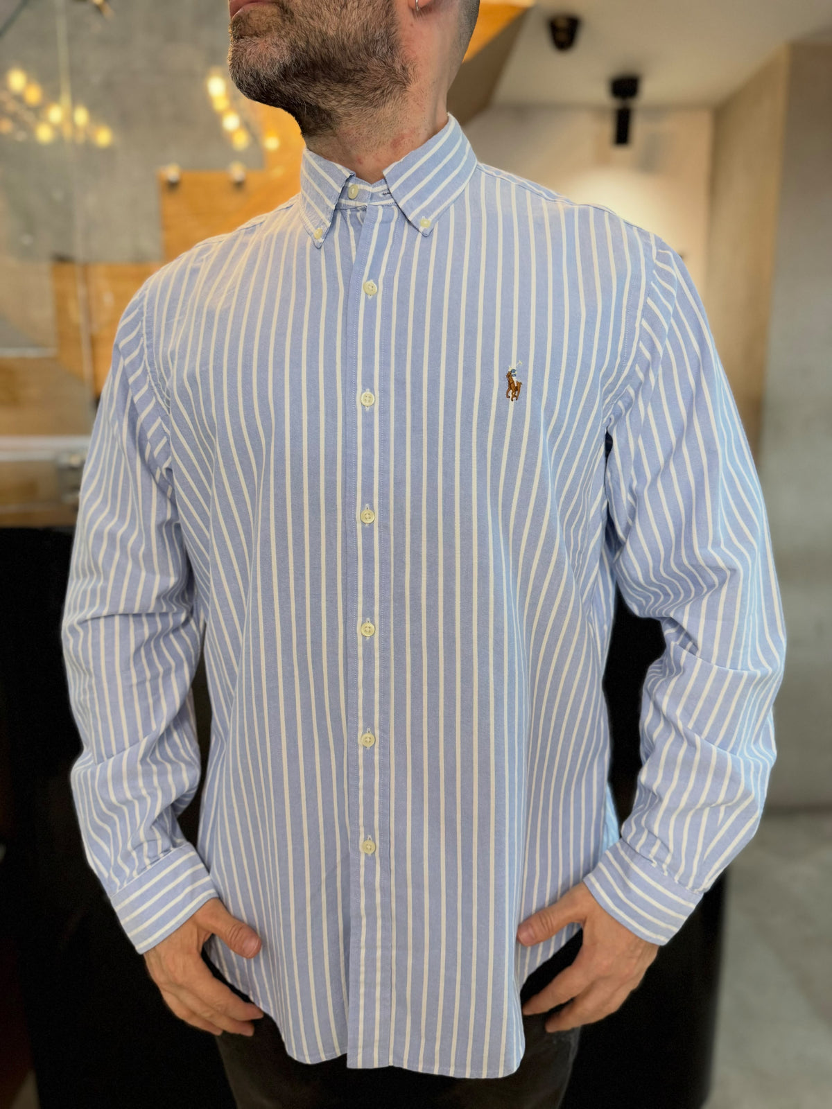 Camisa Polo R.L hombre Oxford Rayas Celestes Con Blanco Caballo Multicolor