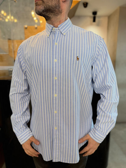 Camisa Polo R.L hombre Oxford Rayas Celestes Con Blanco Caballo Multicolor
