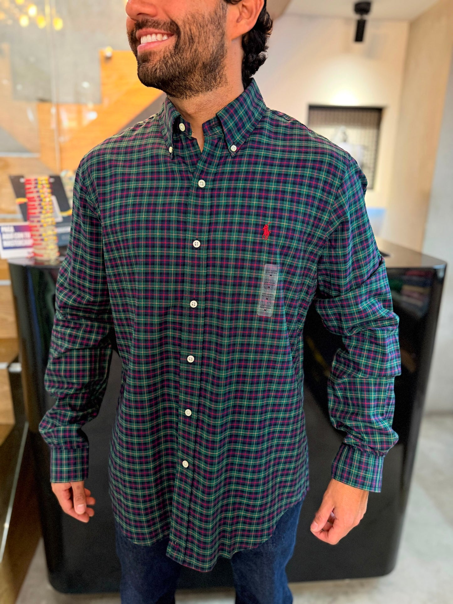 Camisa Polo R.L hombre Algodón Cuadros Verdes Con Azul Caballo Rojo