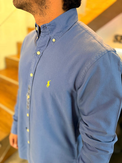 Camisa Polo R.L hombre Oxford Azul Caballo Amarillo