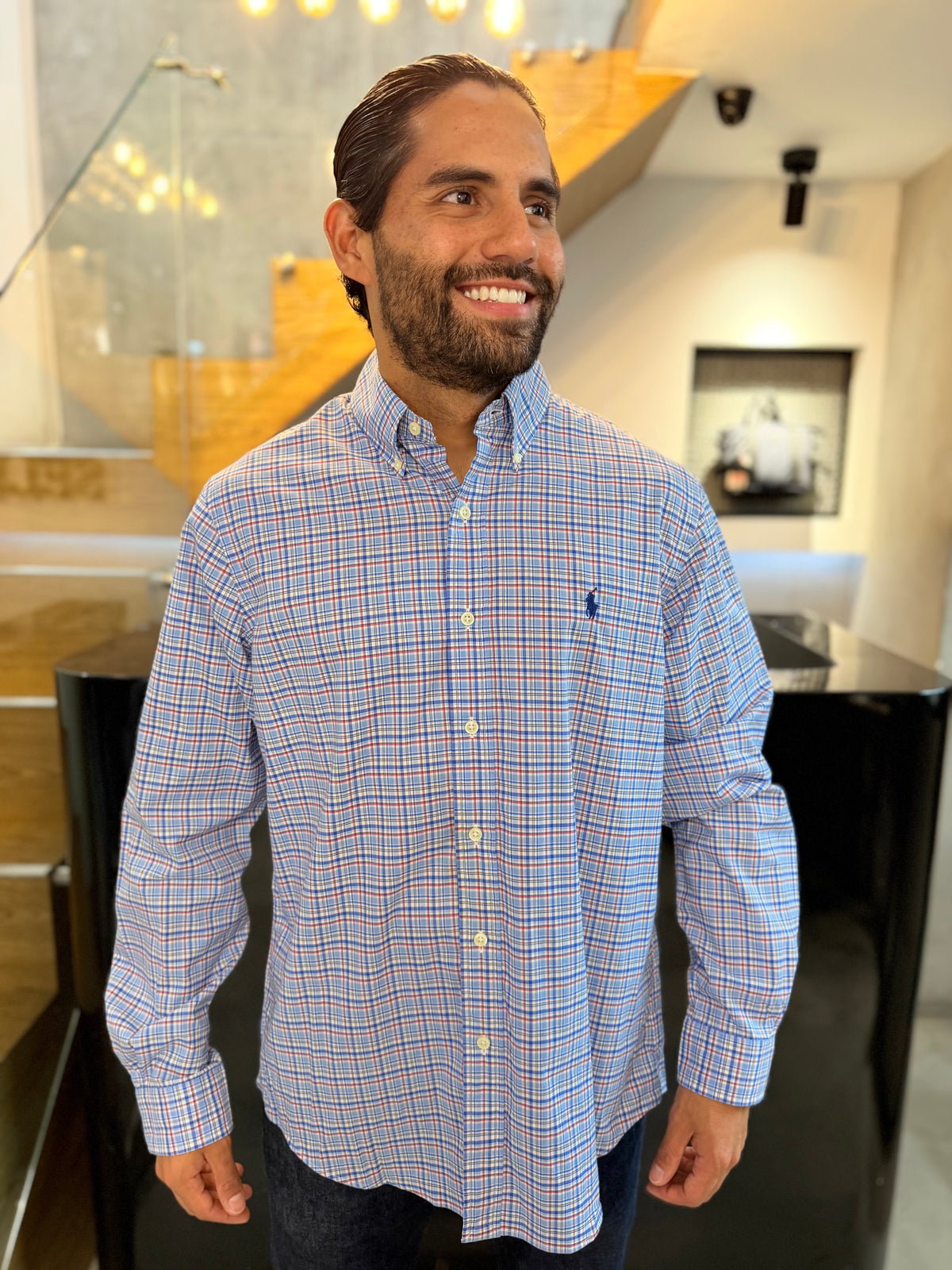 Camisa Polo R.L hombre Algodón Cuadros Azules Caballo Azul