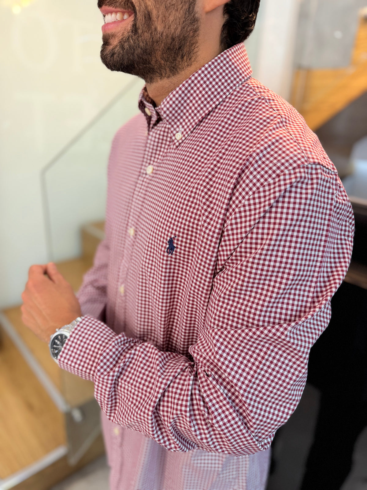 Camisa Polo R.L hombre Algodón Cuadros Vinotinto Con Blanco Caballo Azul
