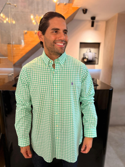 Camisa Polo R.L hombre Algodón Cuadros Verdes Caballo Morado