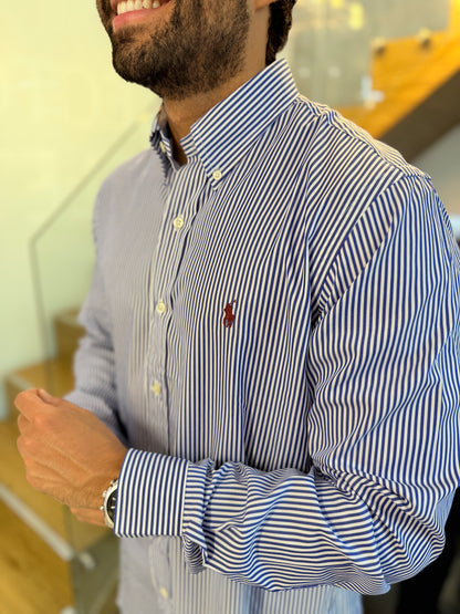 Camisa Polo R.L hombre Algodón Rayas Azules Con Blanco Caballo Rojo