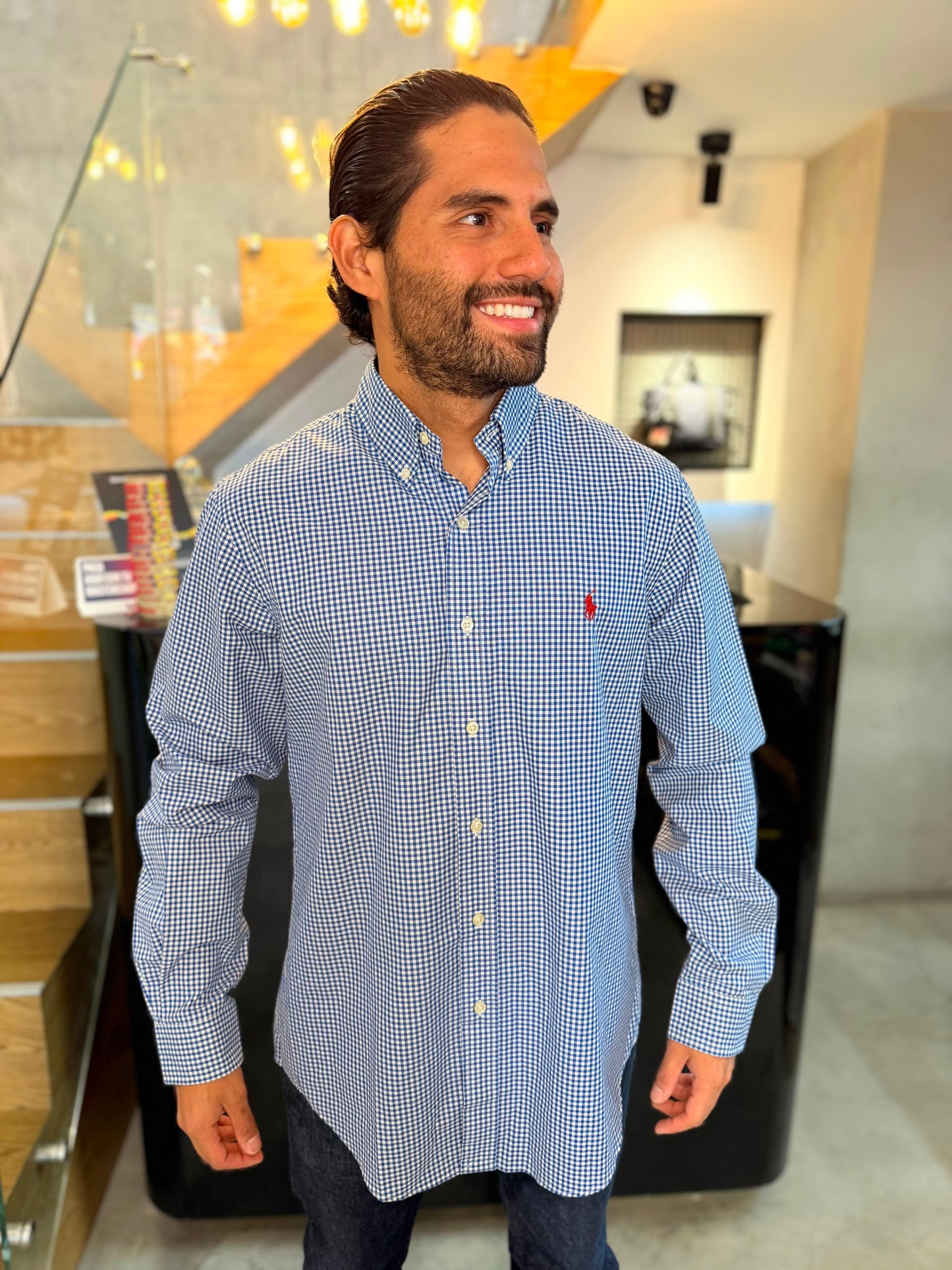 Camisa Polo R.L hombre Algodón Cuadros Azules Con Blanco Caballo Rojo