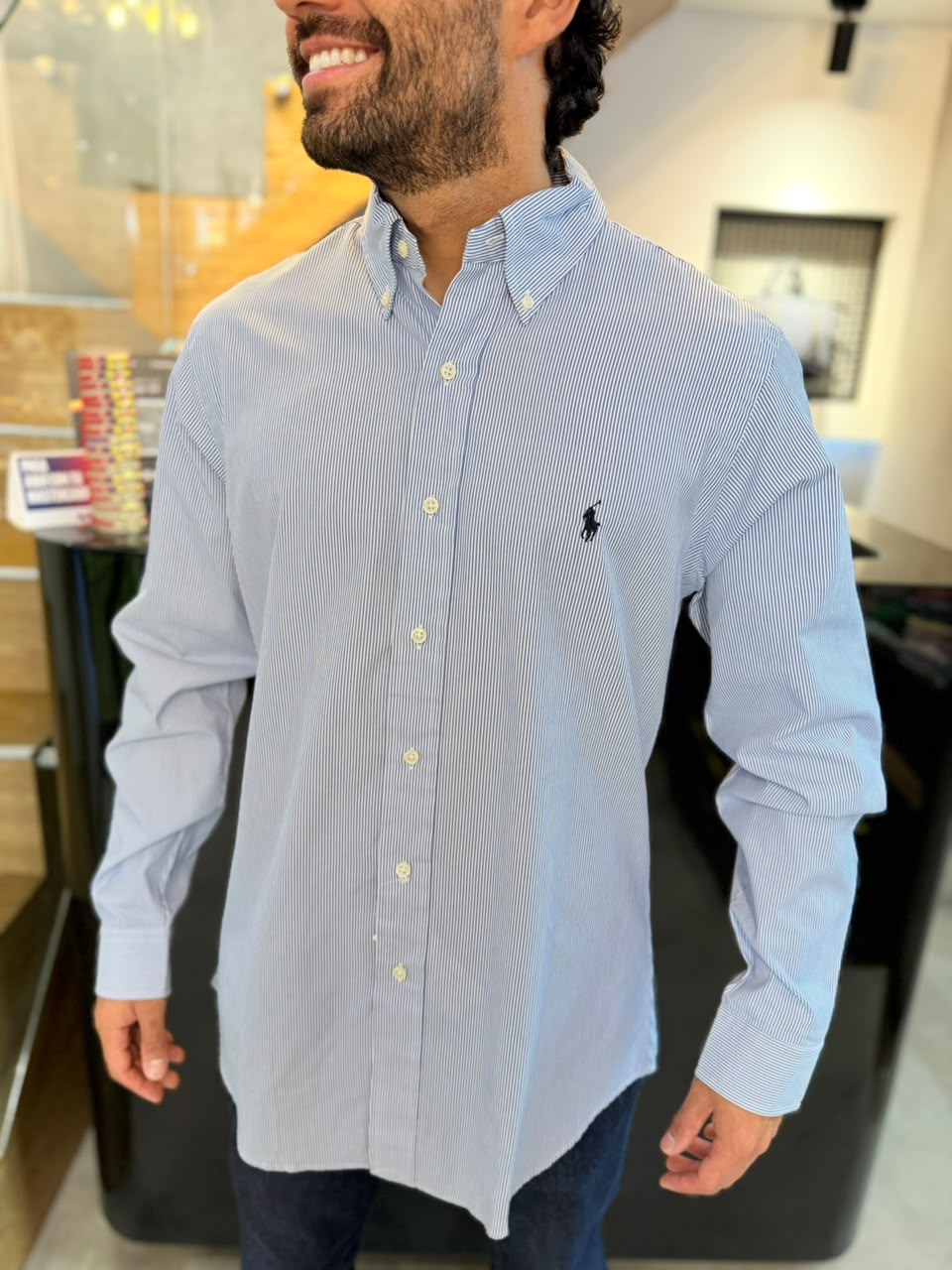 Camisa Polo R.L hombre Algodón Custom Fit Rayas Celestes Con Blanco Caballo Negro