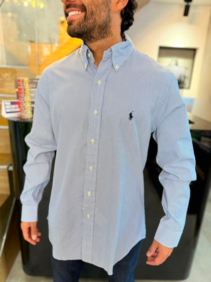 Camisa Polo R.L hombre Algodón Custom Fit Rayas Celestes Con Blanco Caballo Negro