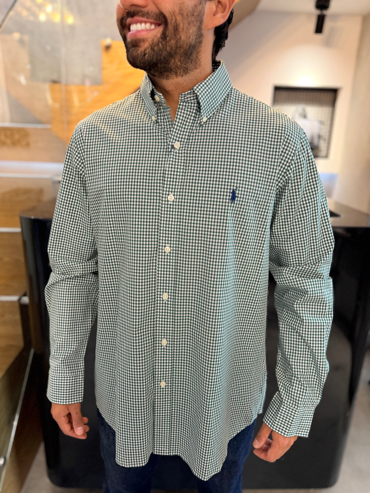 Camisa Polo R.L hombre Algodón Cuadros Verdes Con Blanco Caballo Azul
