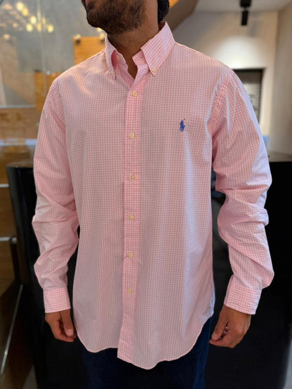 Camisa Polo R.L hombre Algodón Cuadros Rosados Con Blanco Caballo Celeste