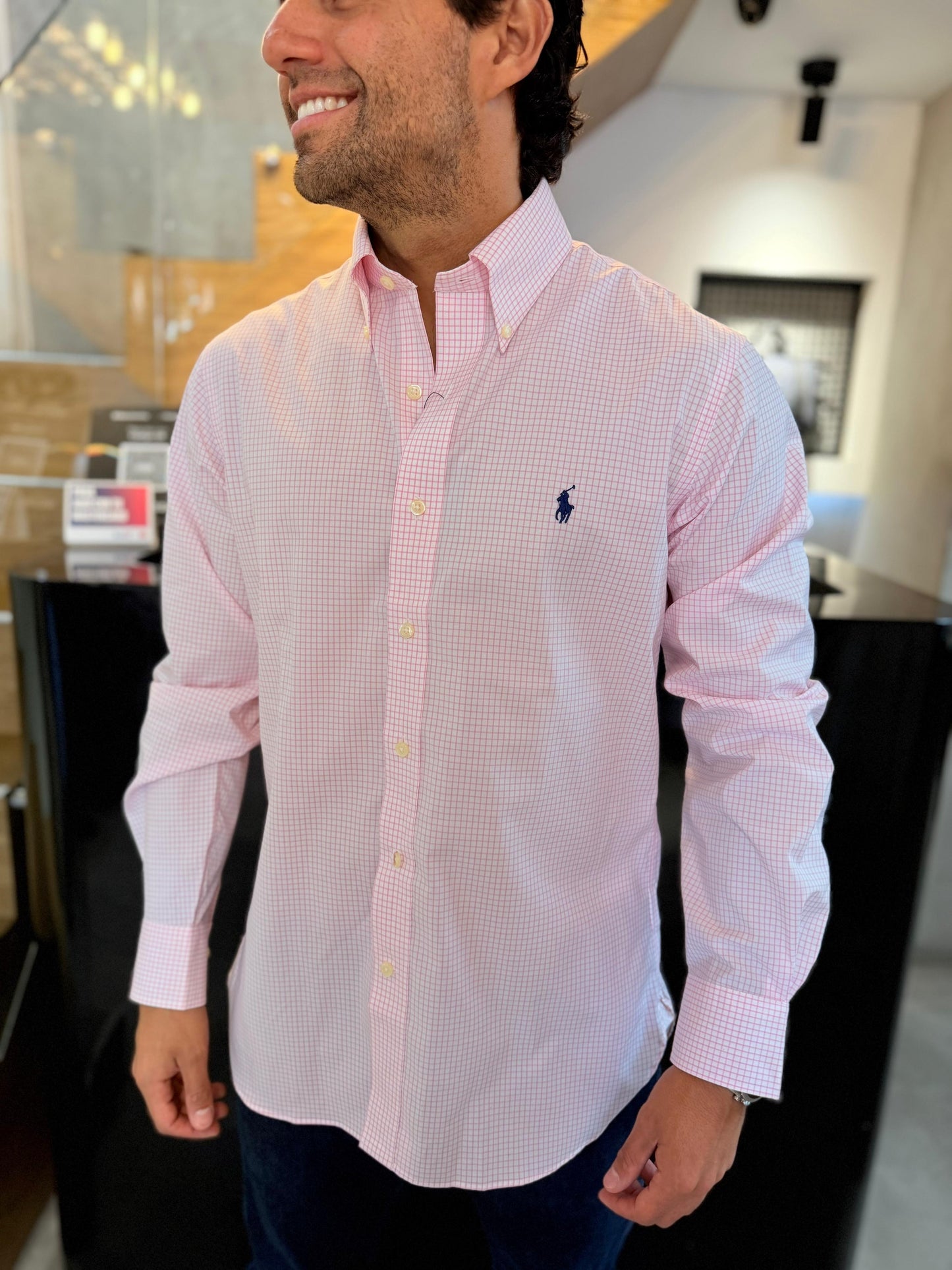 Camisa Polo R.L hombre Algodón Custom Fit Cuadros Rosados Caballo Azul
