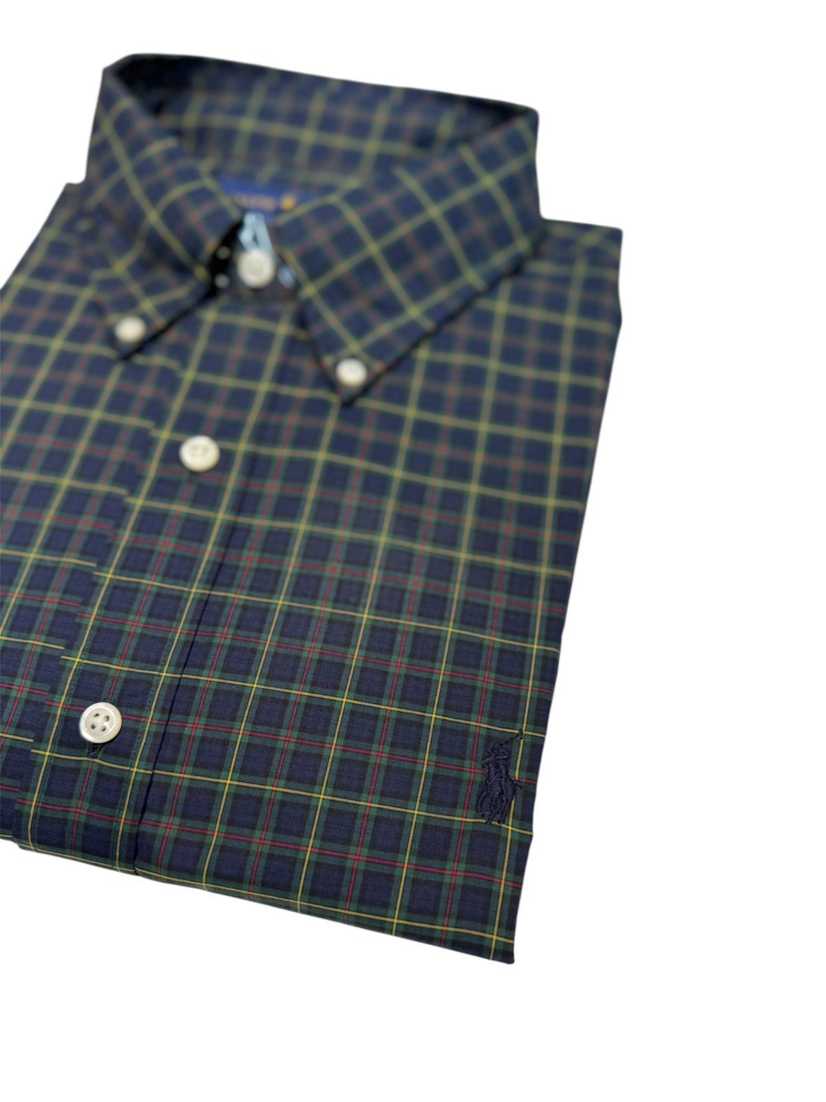 Camisa Polo R.L hombre Algodón Cuadros Verdes Caballo Azul