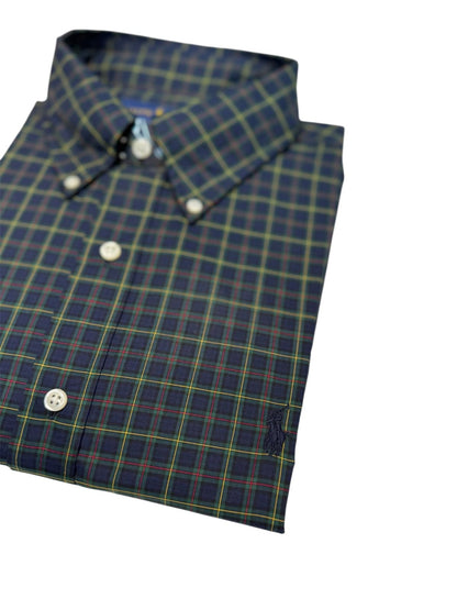 Camisa Polo R.L hombre Algodón Cuadros Verdes Caballo Azul