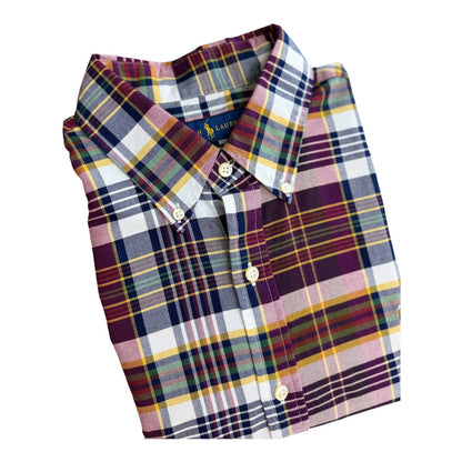 Camisa Polo R.L hombre Oxford Cuadros Vino Tinto Con Azul Caballo Multicolor