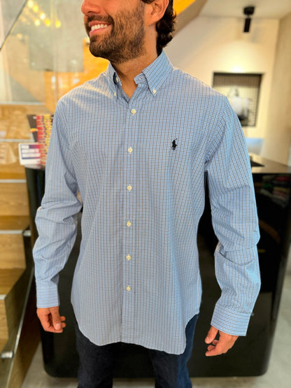 Camisa Polo R.L hombre Algodón Cuadros Celestes Con Blanco Caballo Negro
