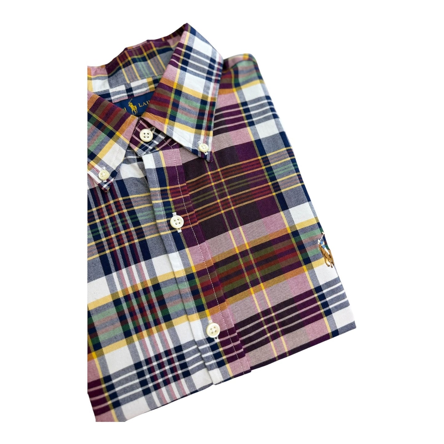 Camisa Polo R.L hombre Oxford Cuadros Vino Tinto Con Azul Caballo Multicolor