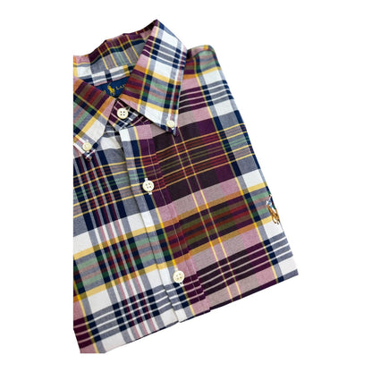 Camisa Polo R.L hombre Oxford Cuadros Vino Tinto Con Azul Caballo Multicolor