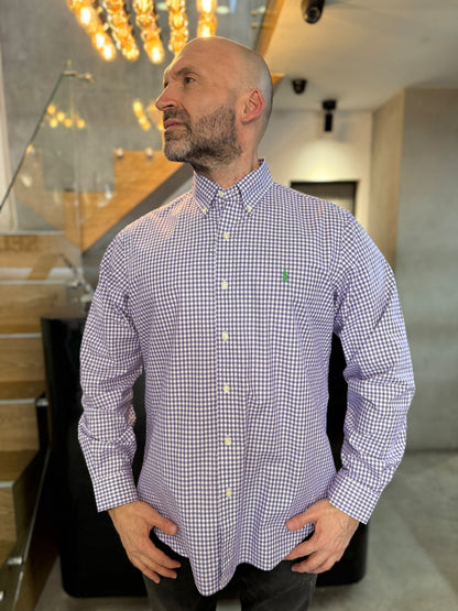Camisa Polo R.L hombre Algodón Cuadros Morados Con Blanco Caballo Verde
