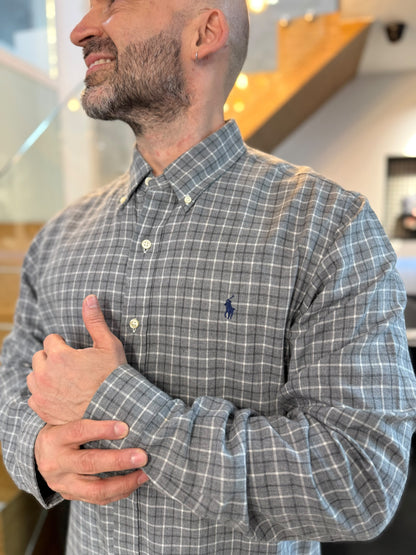 Camisa Polo R.L hombre Algodón Cuadros Grises Con Blanco Caballo Azul