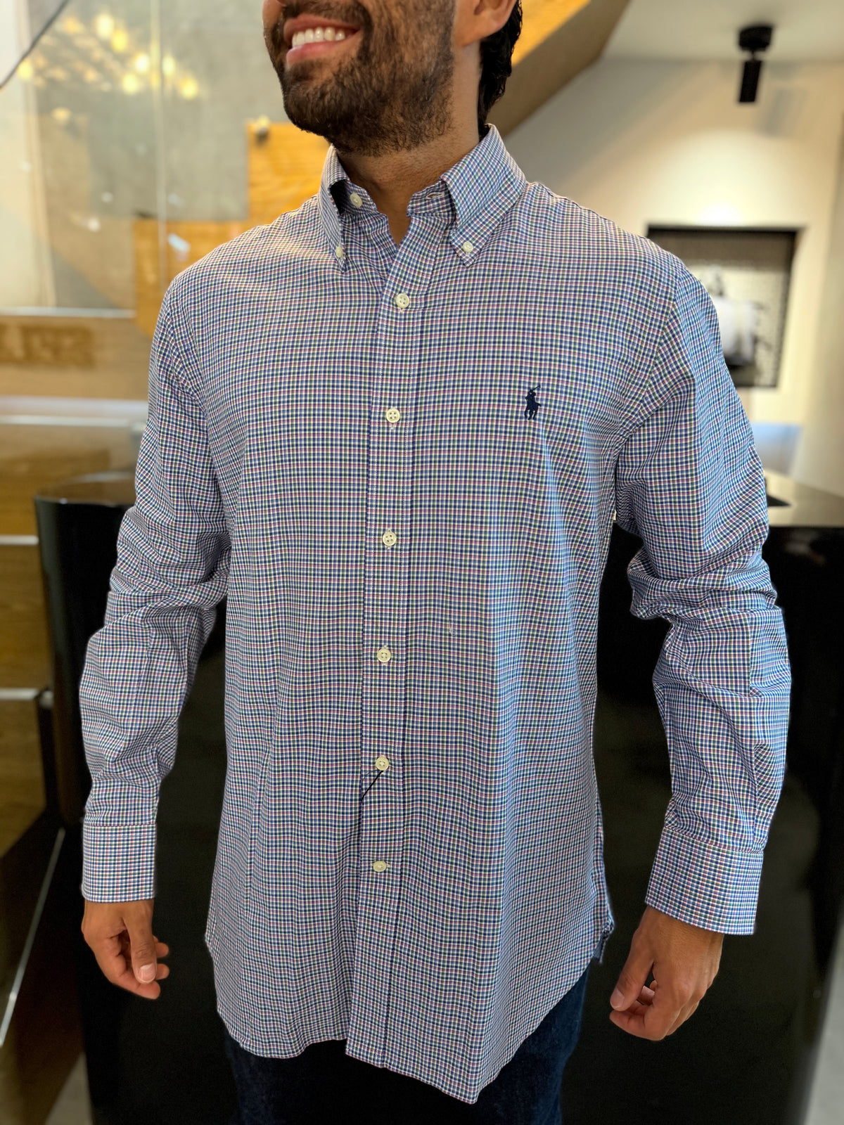 Camisa Polo R.L hombre Algodón Custom Fit Cuadros Caballo Azul
