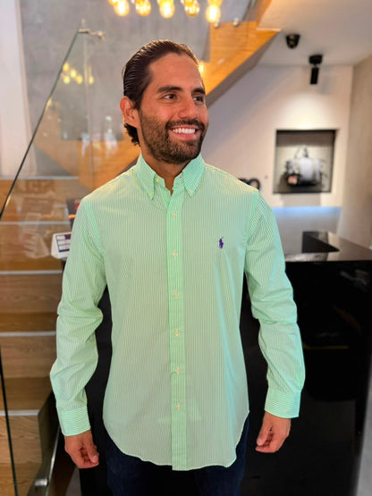 Camisa Polo R.L hombre Algodón Rayas Verdes Limón  Con Blanco Caballo Morado