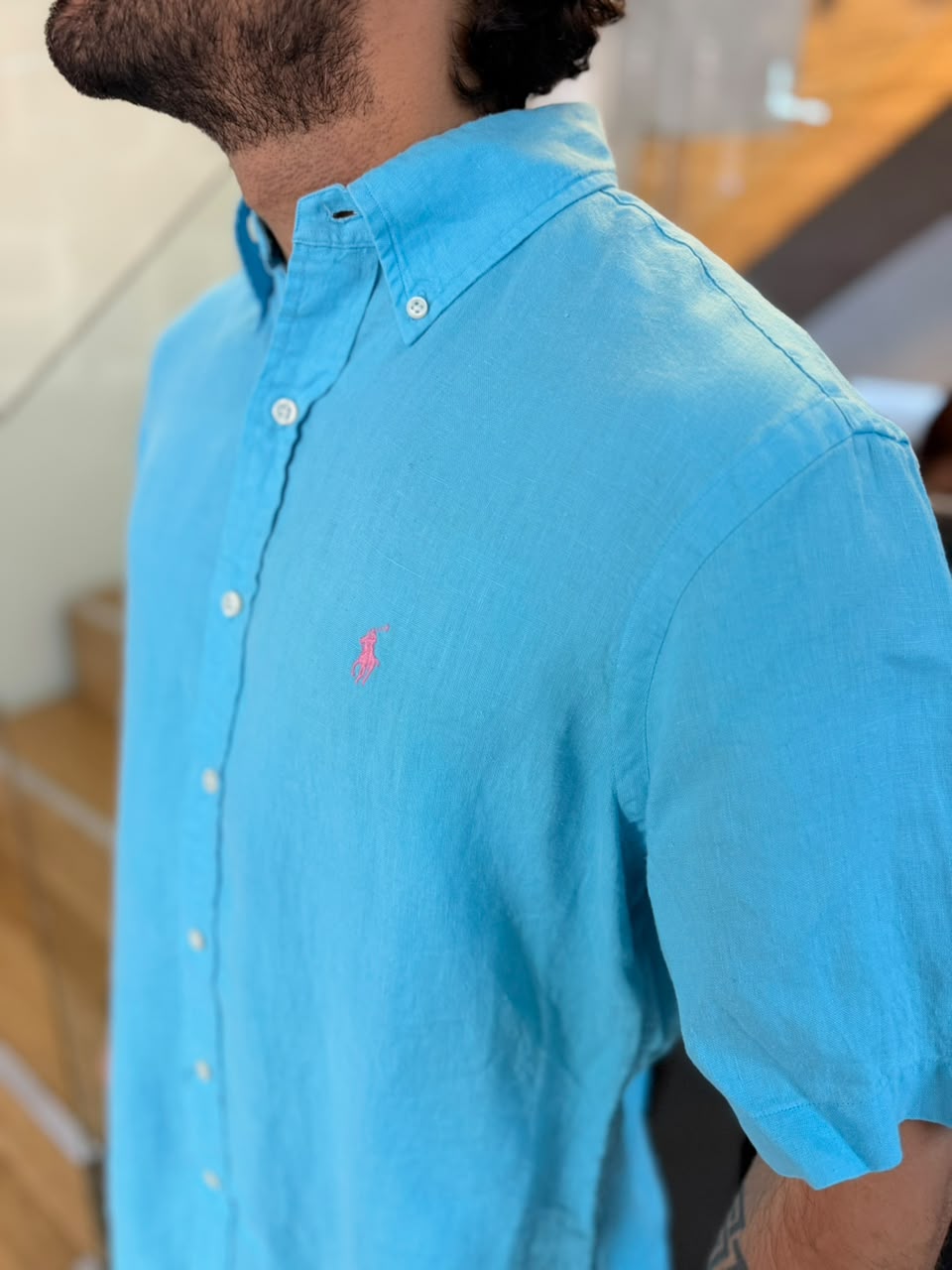 Camisa Polo R.L hombre Lino Manga Corta Custom Fit Azul Agua Marina Caballo Rosa