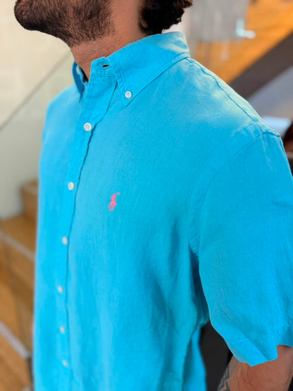 Camisa Polo R.L hombre Lino Manga Corta Custom Fit Azul Agua Marina Caballo Rosa