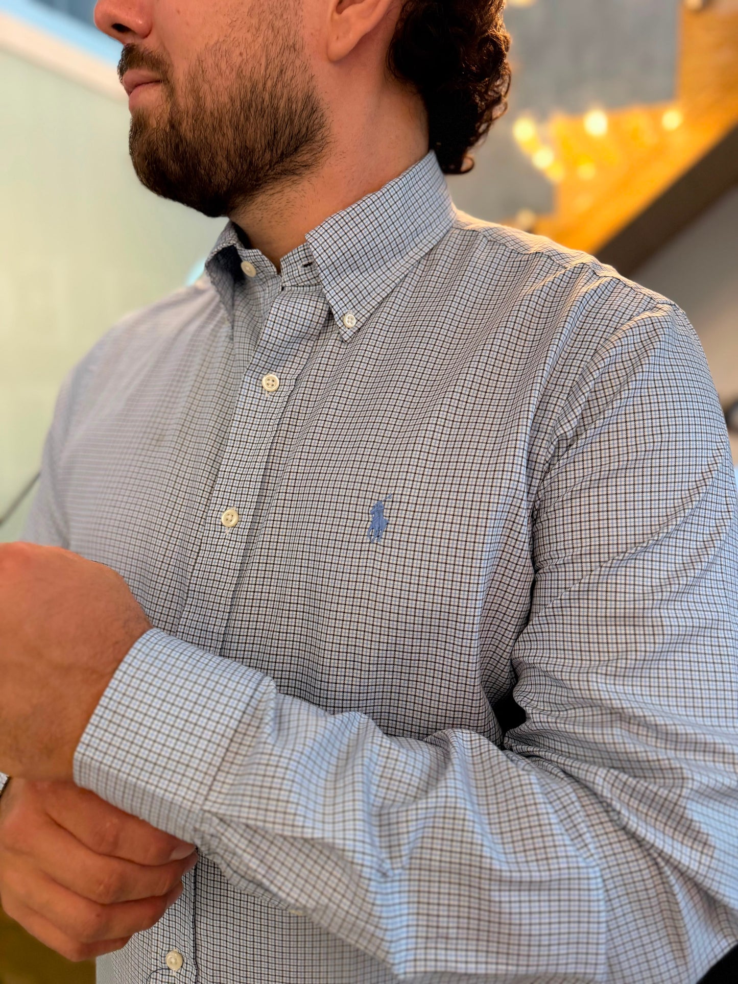 Camisa Polo R.L hombre Algodón Cuadros Celestes Caballo Celeste