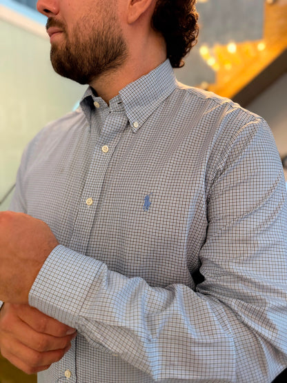Camisa Polo R.L hombre Algodón Cuadros Celestes Caballo Celeste