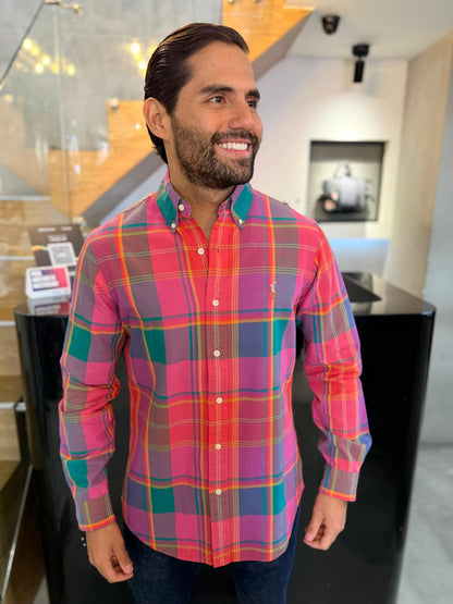 Camisa Polo R.L hombre Oxford Cuadros Rosados con Verde Caballo Multicolor
