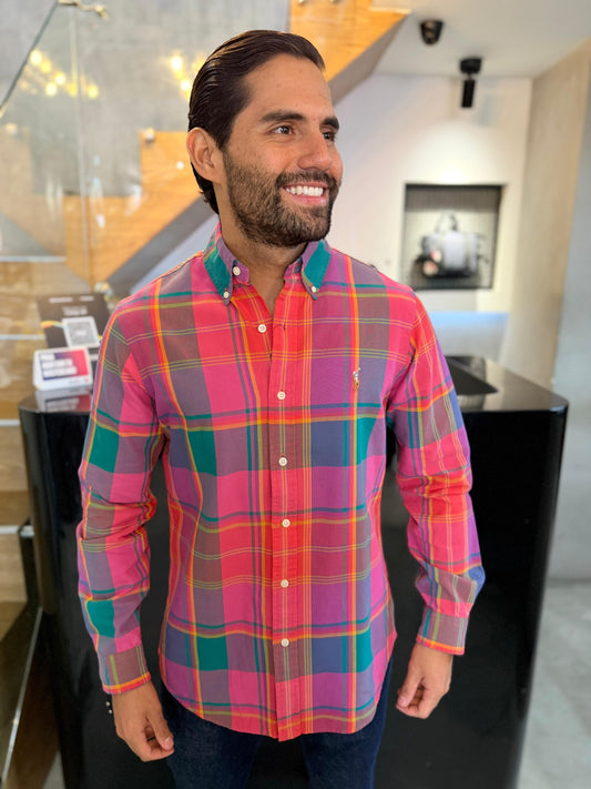 Camisa Polo R.L hombre Oxford Cuadros Rosados con Verde Caballo Multicolor
