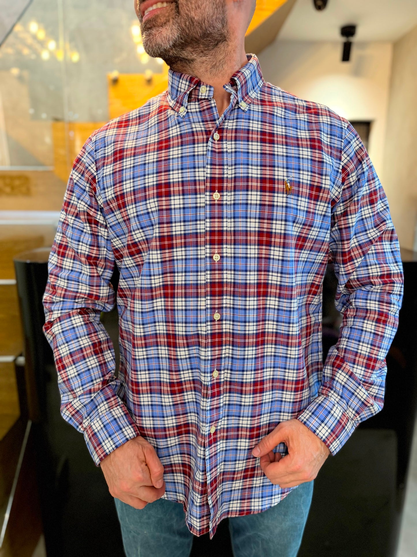Camisa Polo R.L hombre Oxford Cuadros Azules Con Rojo Caballo Multicolor
