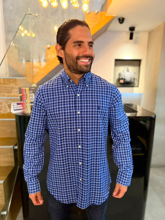 Camisa Polo R.L hombre Algodón Cuadros Azules Caballo Azul