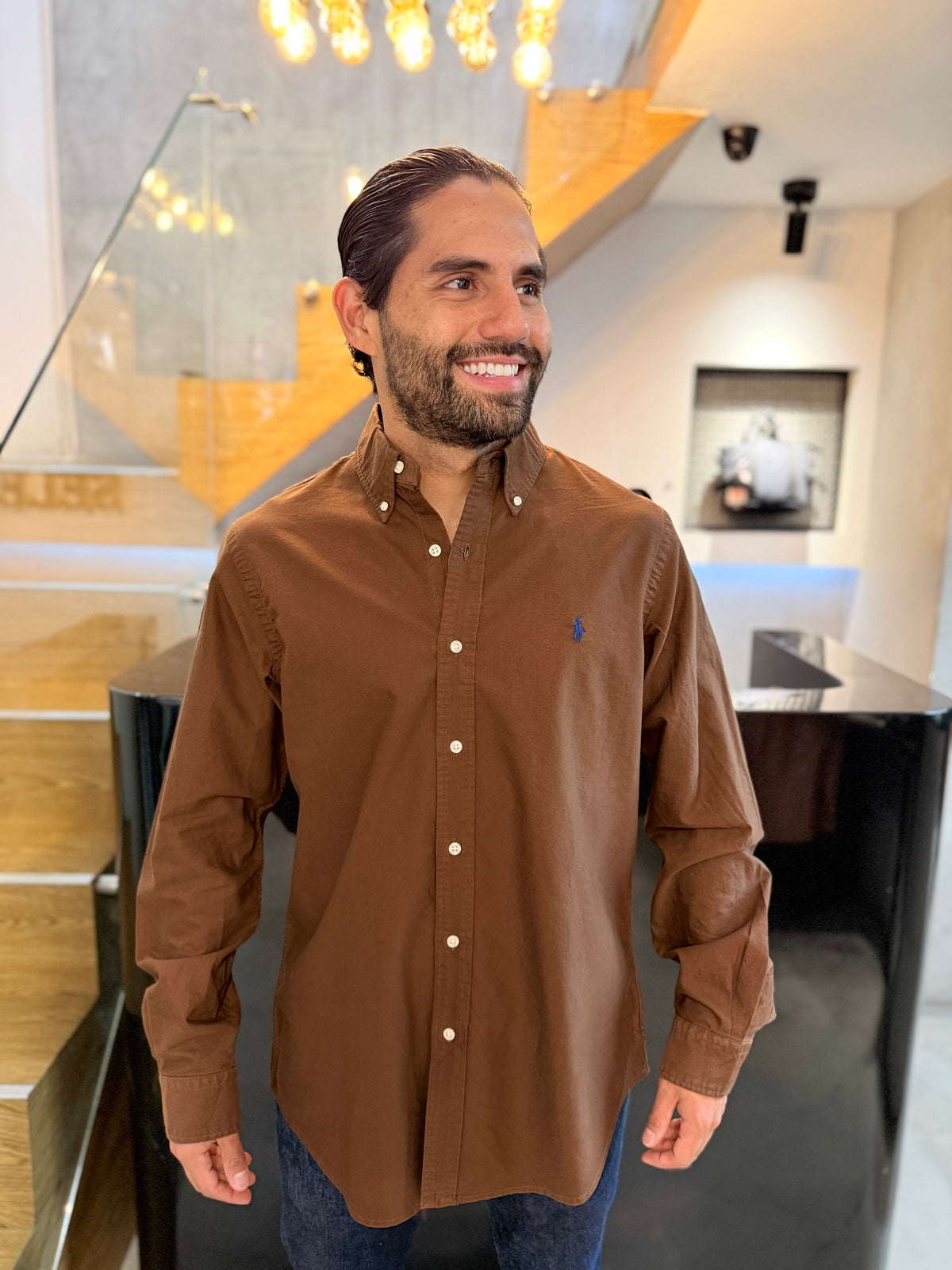 Camisa Polo R.L hombre Oxford Café Caballo Azul