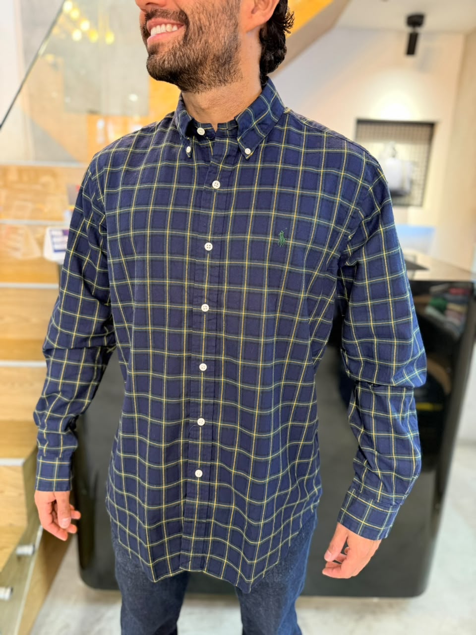 Camisa Polo R.L hombre Oxford Cuadros Azules Con Verde Caballo Verde
