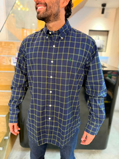 Camisa Polo R.L hombre Oxford Cuadros Azules Con Verde Caballo Verde